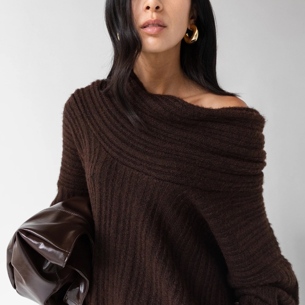 OAK + FORT Chocolate Off-Shoulder Sweater